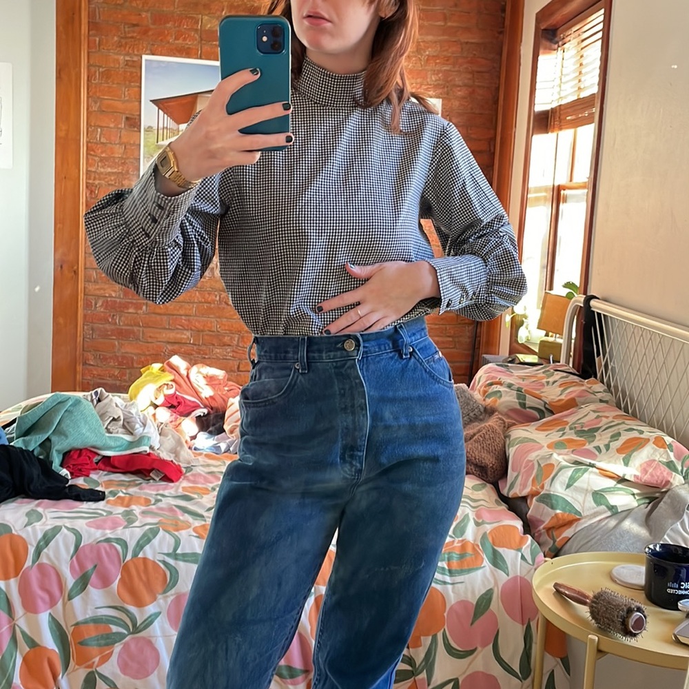 Mock Neck Checked Blouse w/ Puffed Sleeves